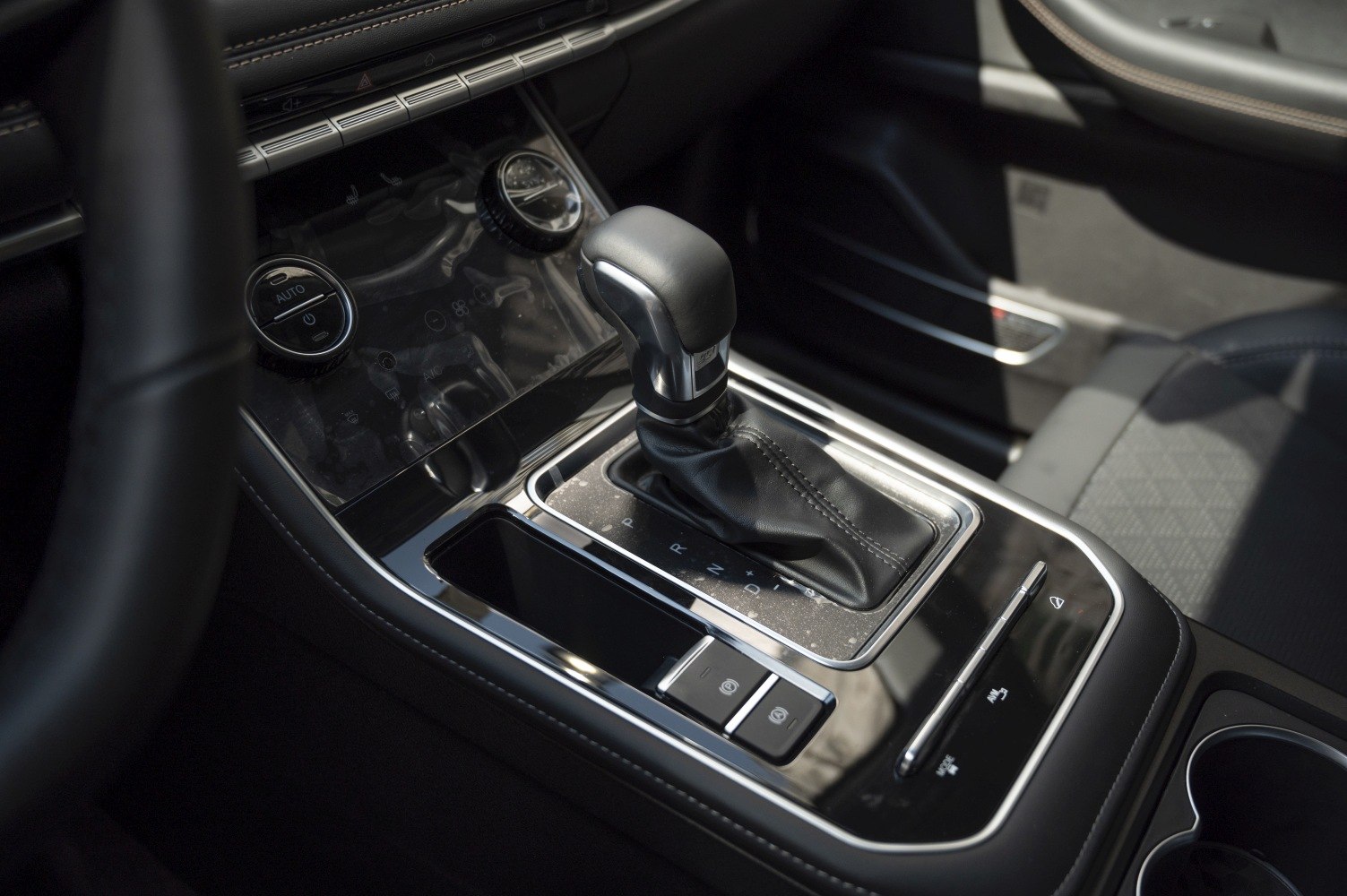 Automatic gear shift lever with control panel and electronic parking brake buttons