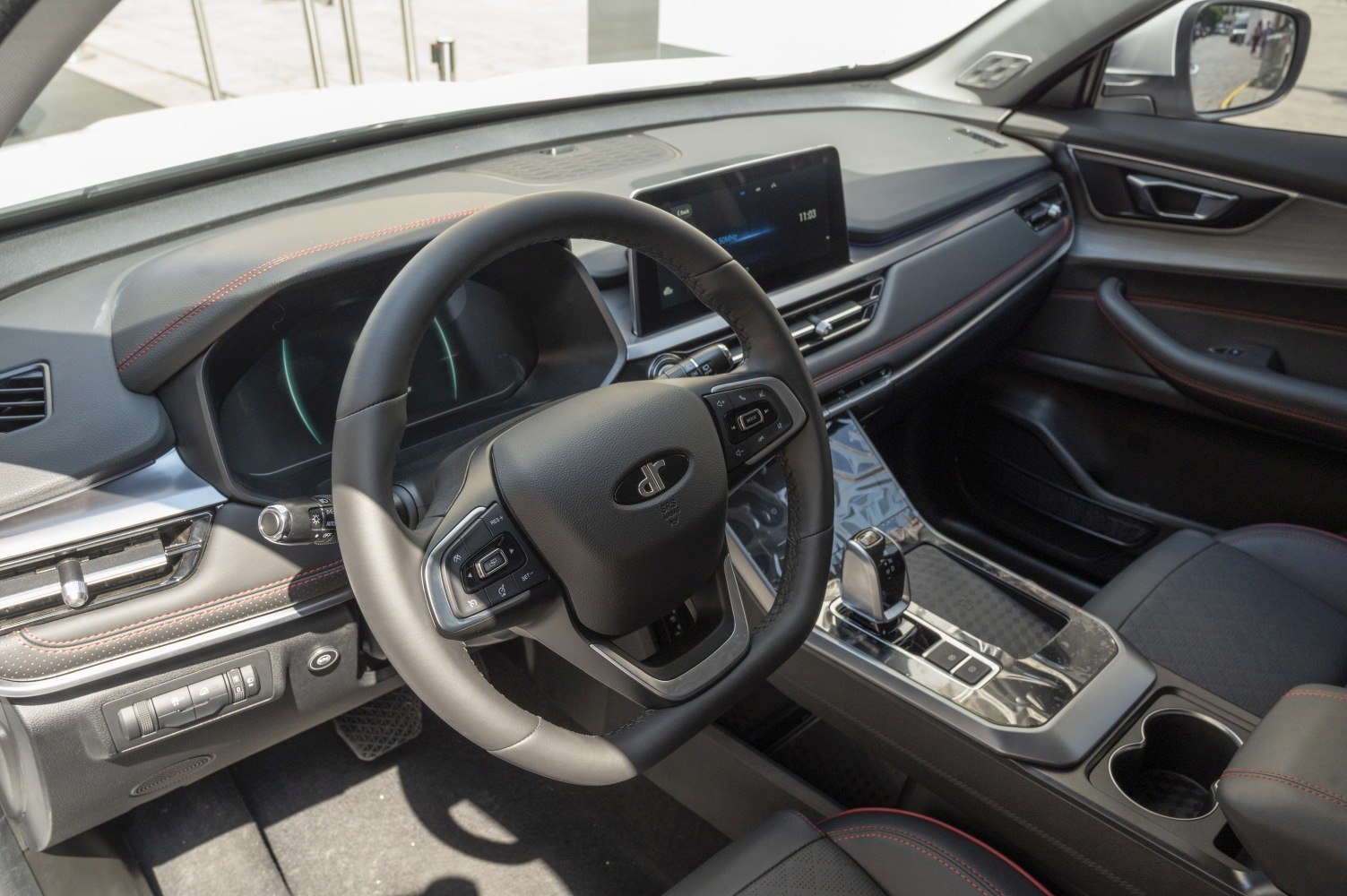 Modern car interior with digital dashboard and multifunction steering wheel