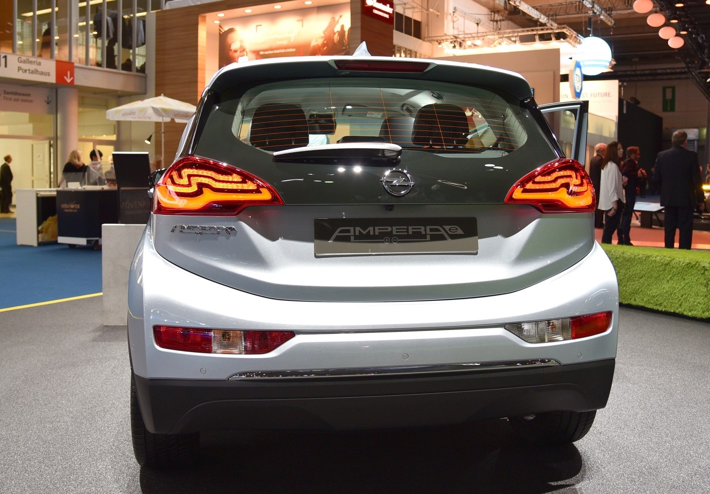 Distinctive LED taillights and rear hatch design of a compact electric hatchback.