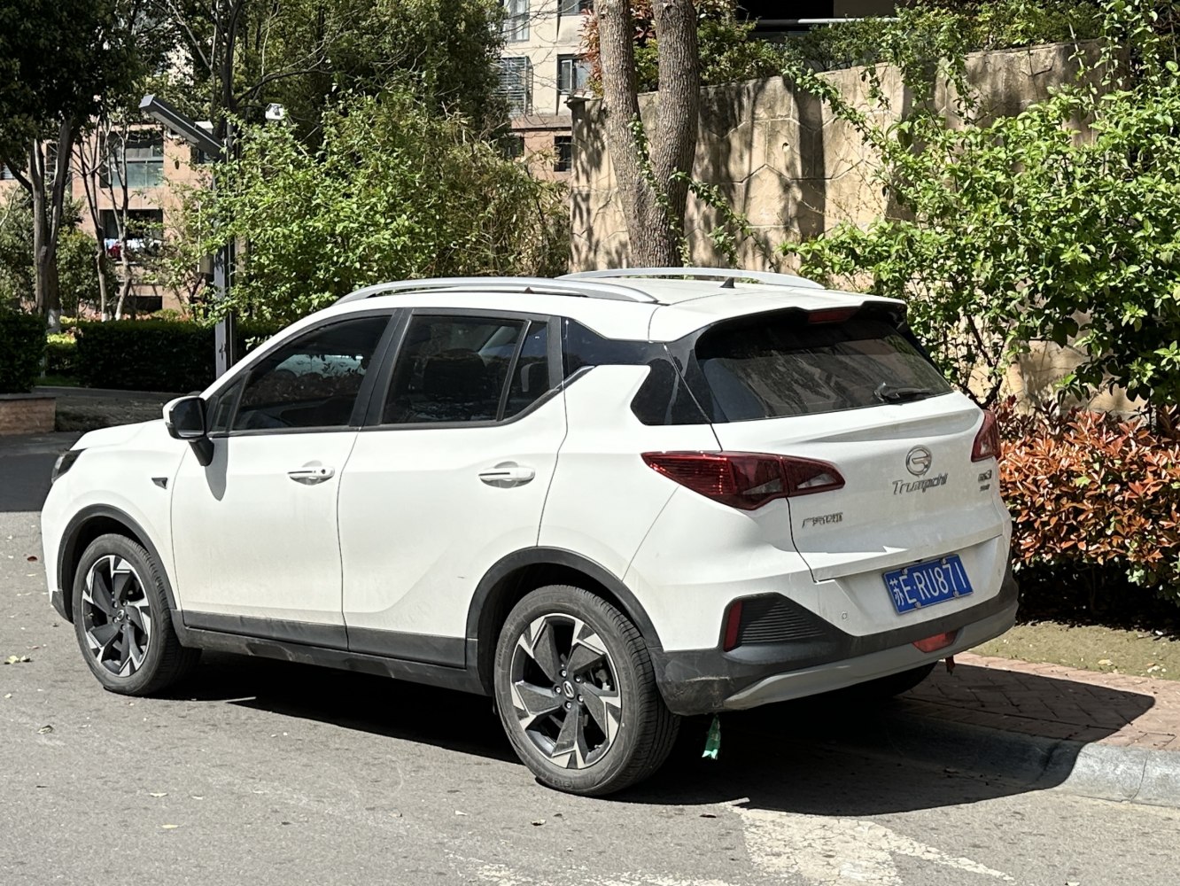 Rear-side of compact SUV with angular tail lights, roof rails, black cladding.