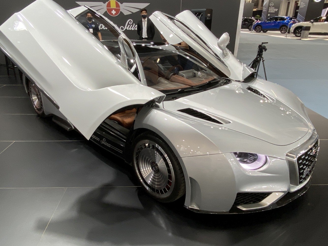 Luxury electric coupe with distinct swan doors and futuristic design