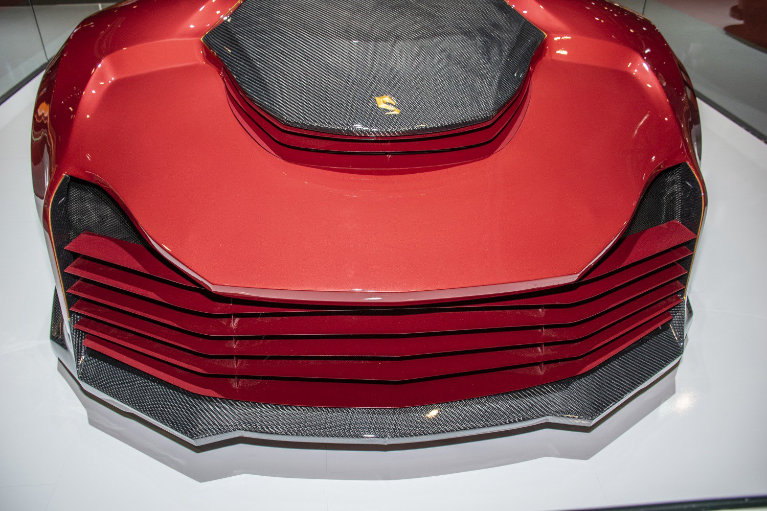 Modern car front grille and carbon fiber hood details