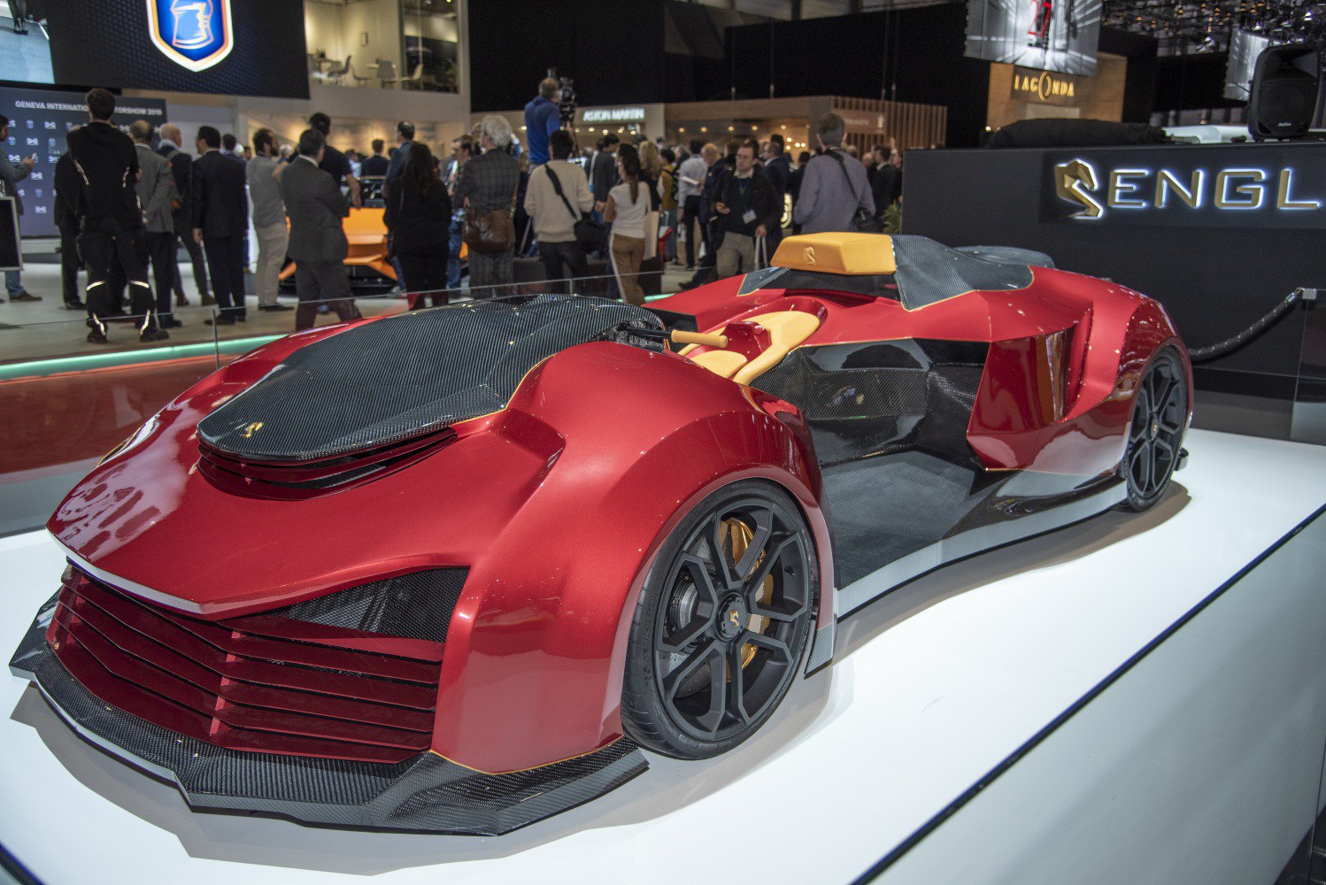 Futuristic red supercar with carbon fiber and open cockpit design