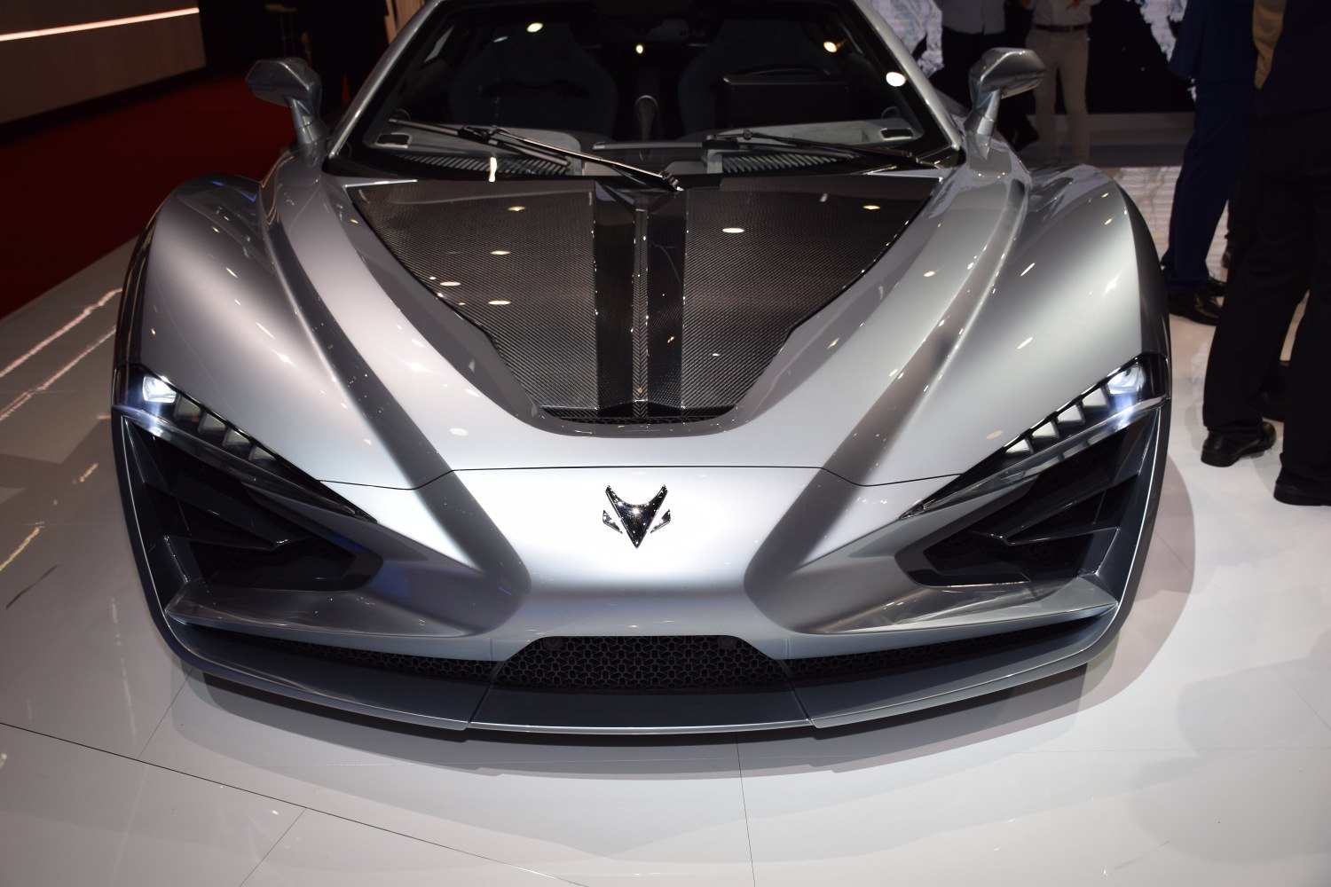 Front view with carbon fiber hood and LED headlights