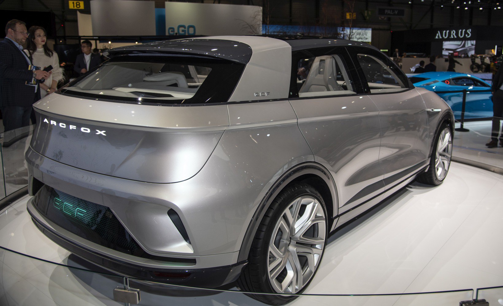 Rear and side view of sleek, futuristic electric concept vehicle