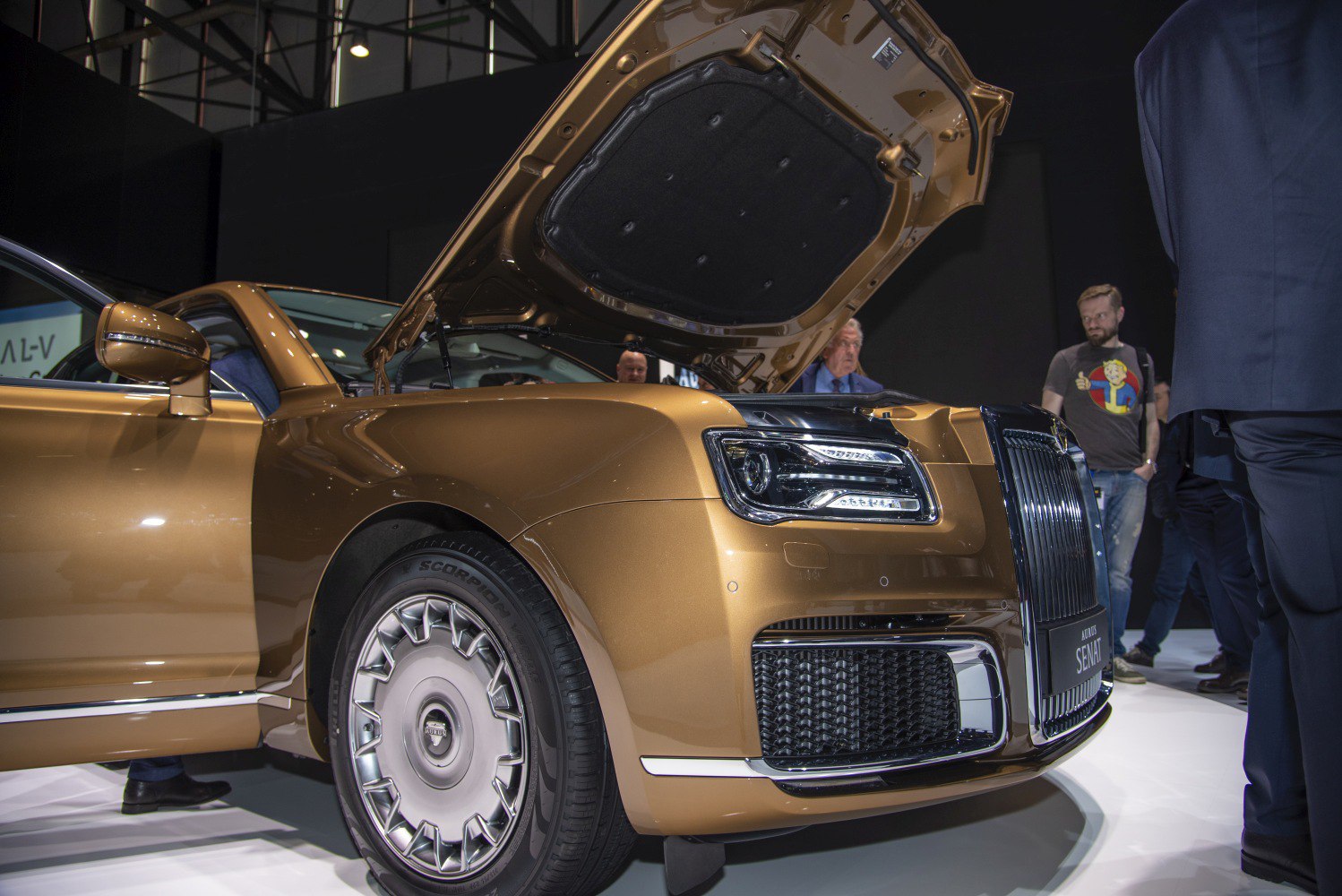 Front grille, headlight, and alloy wheel close-up with open hood.