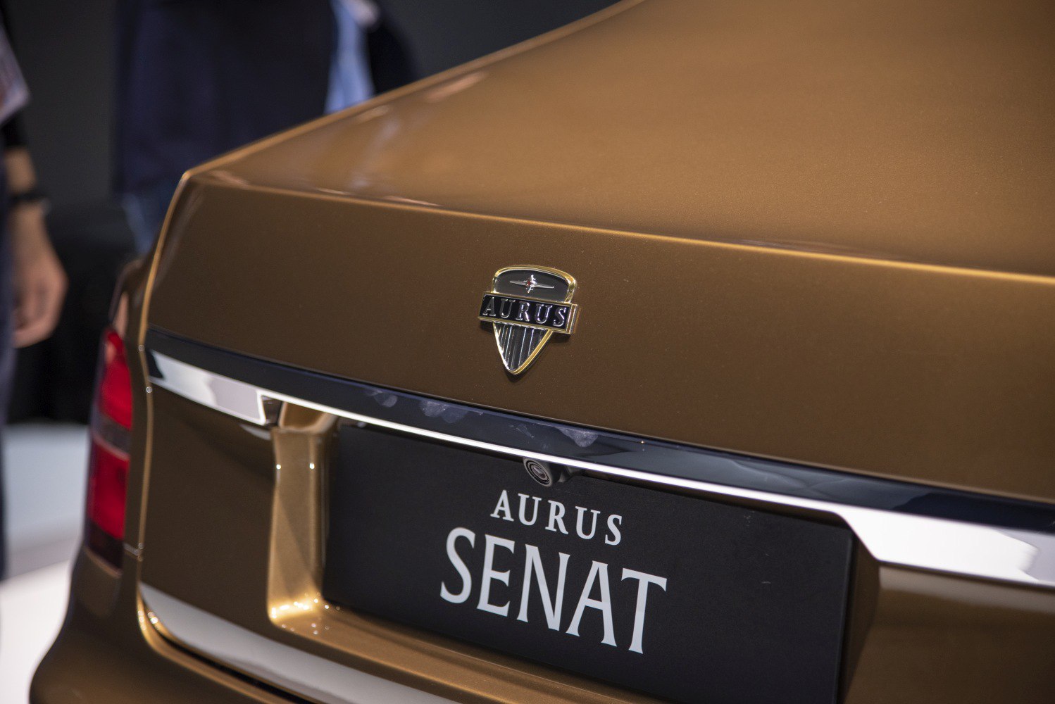 Close-up of rear trunk emblem and license plate area on a luxury sedan