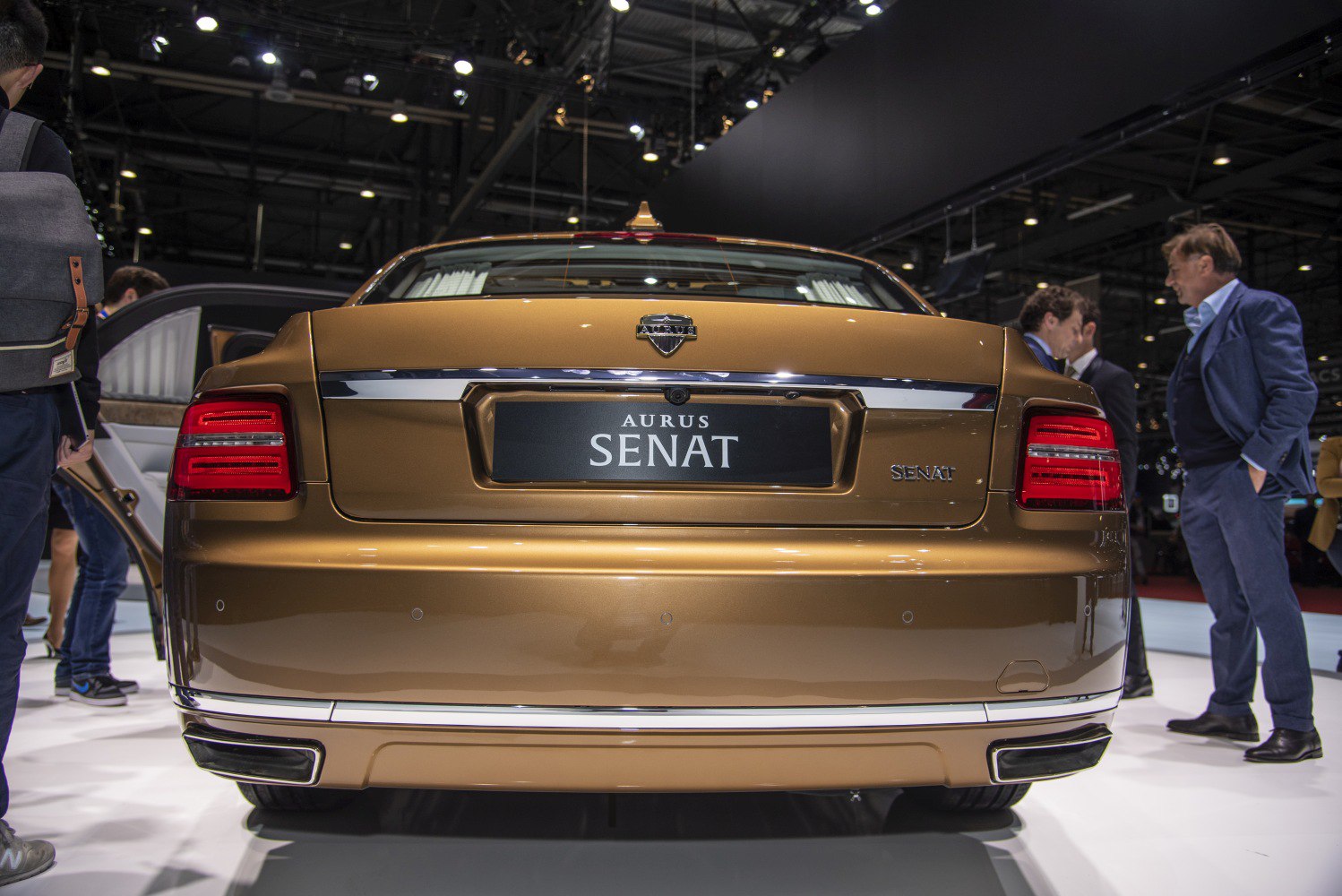 Luxury sedan rear view with distinctive tail lights and chrome trim