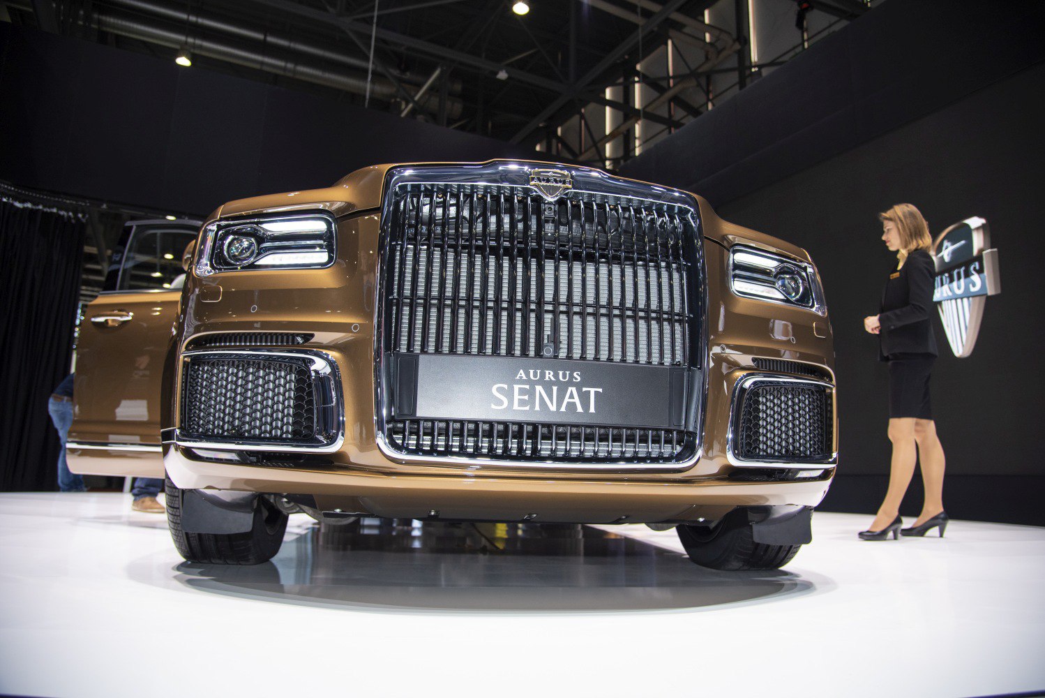 Front grille and LED headlights of luxury sedan