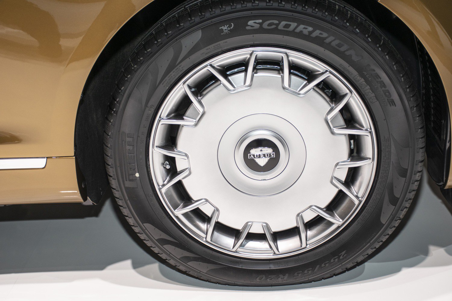 Close-up of luxury alloy wheel with Pirelli Scorpion tire