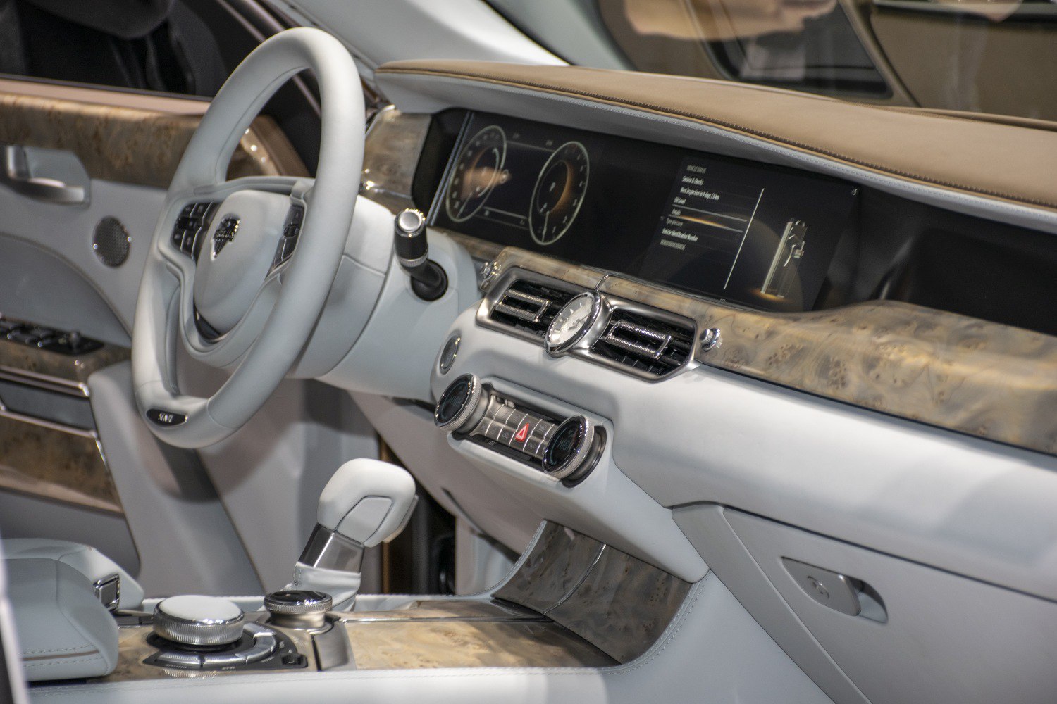 Wood trim dashboard with digital cluster and modern controls