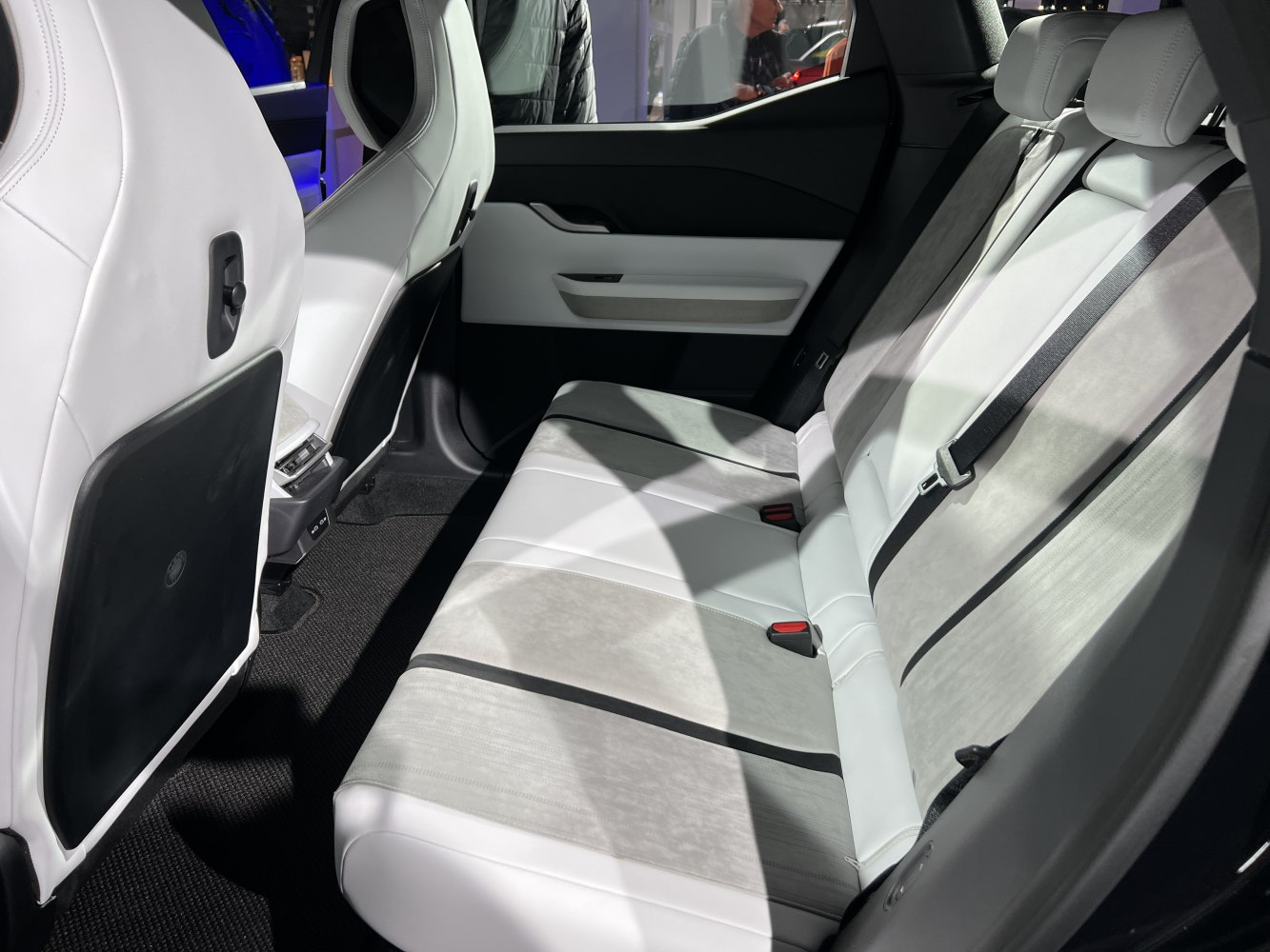 Rear seats interior with white and grey upholstery, seat belts and clean design