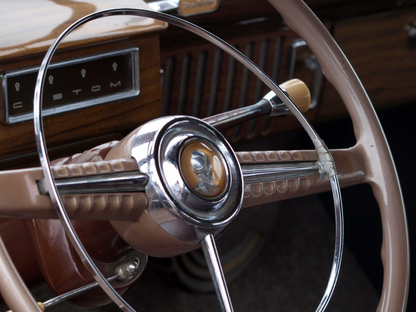 Vintage steering wheel and classic dashboard interior details