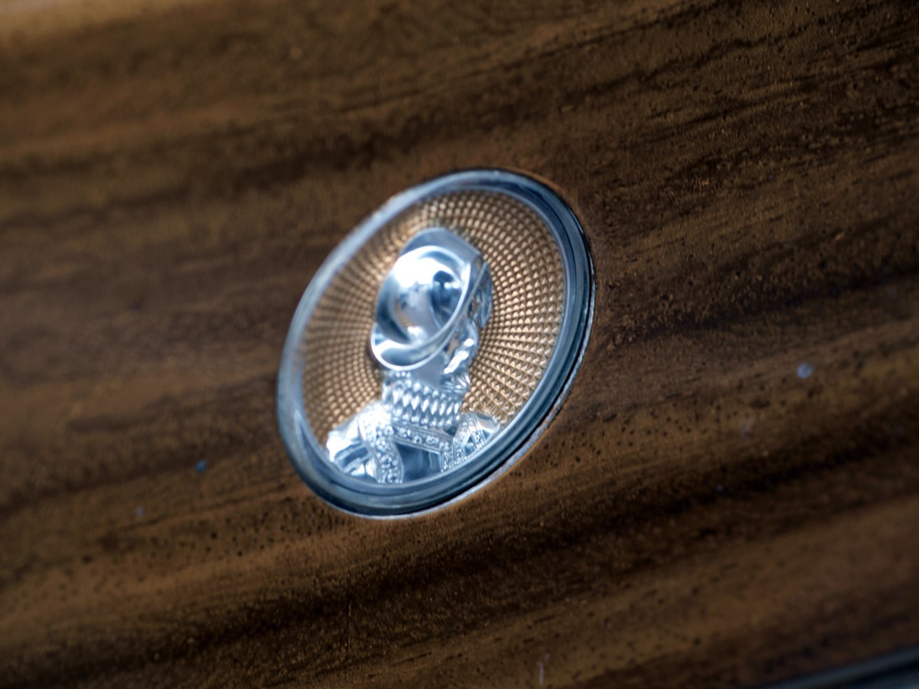 Close-up of a vintage emblem on a woodgrain panel