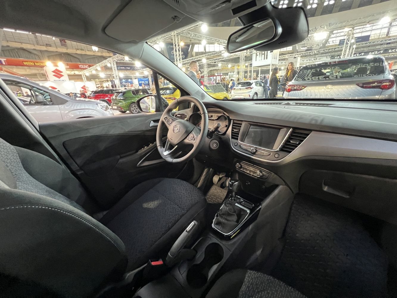 Car interior with dashboard and steering wheel