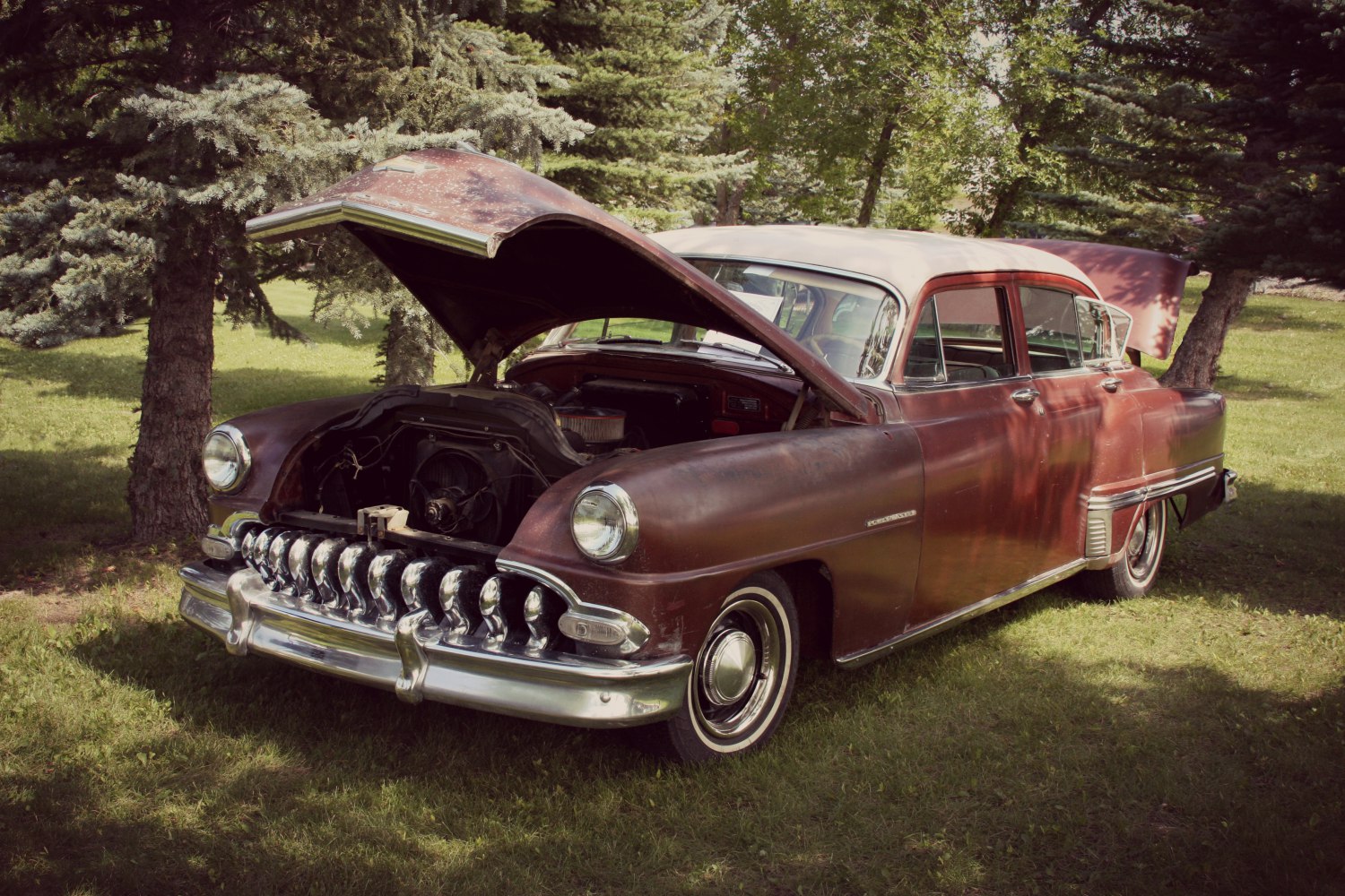 Classic 1950s sedan with prominent chrome grille, hood open, parked on grass.
