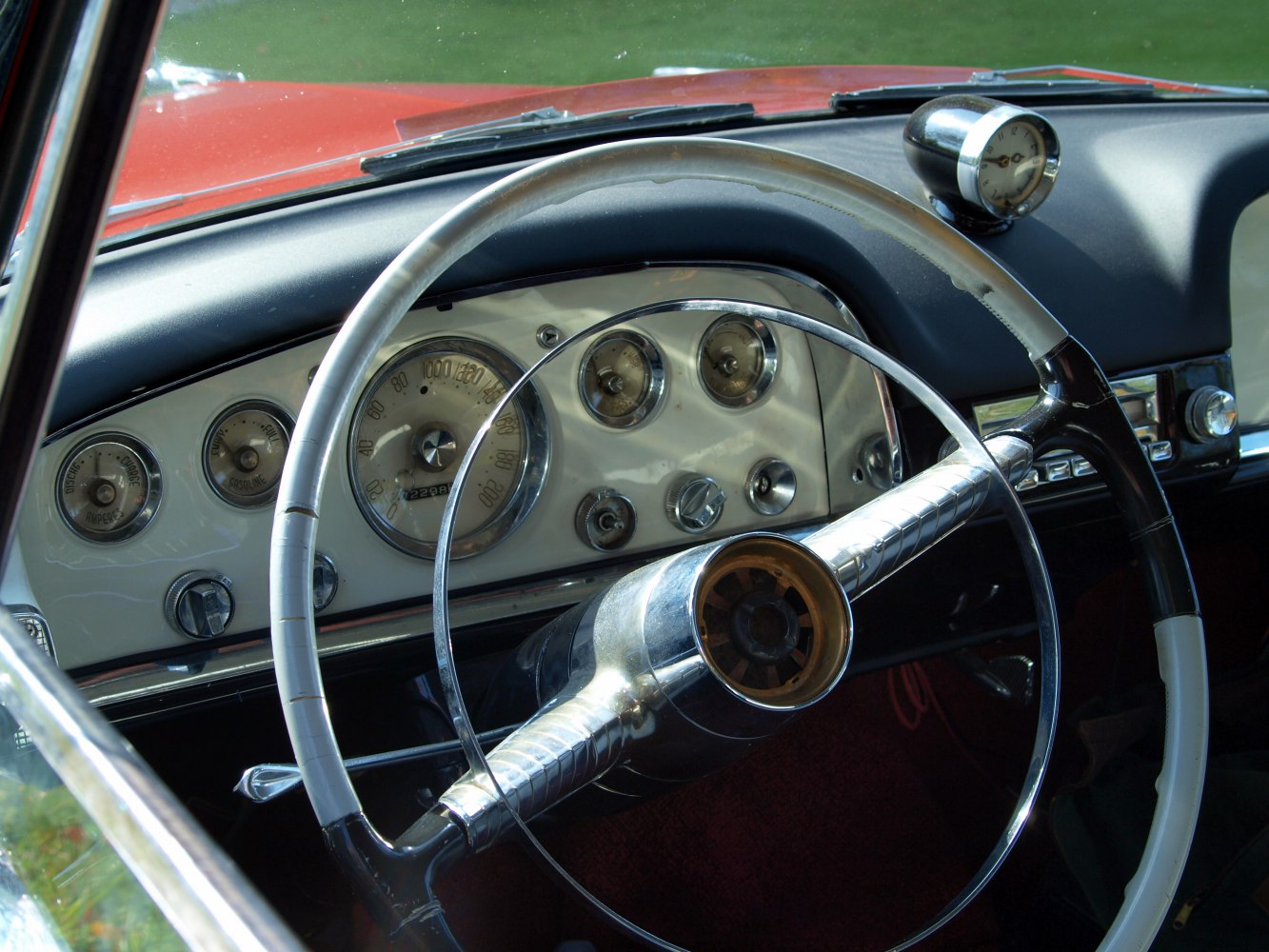Close-up of vintage car dashboard and retro steering wheel with gauges and clock