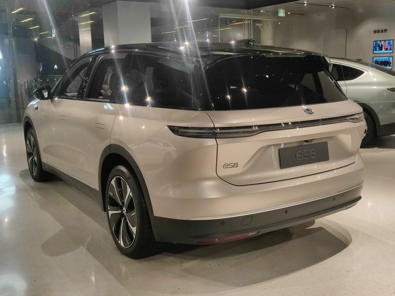 Rear view of electric SUV with black roof and modern taillights