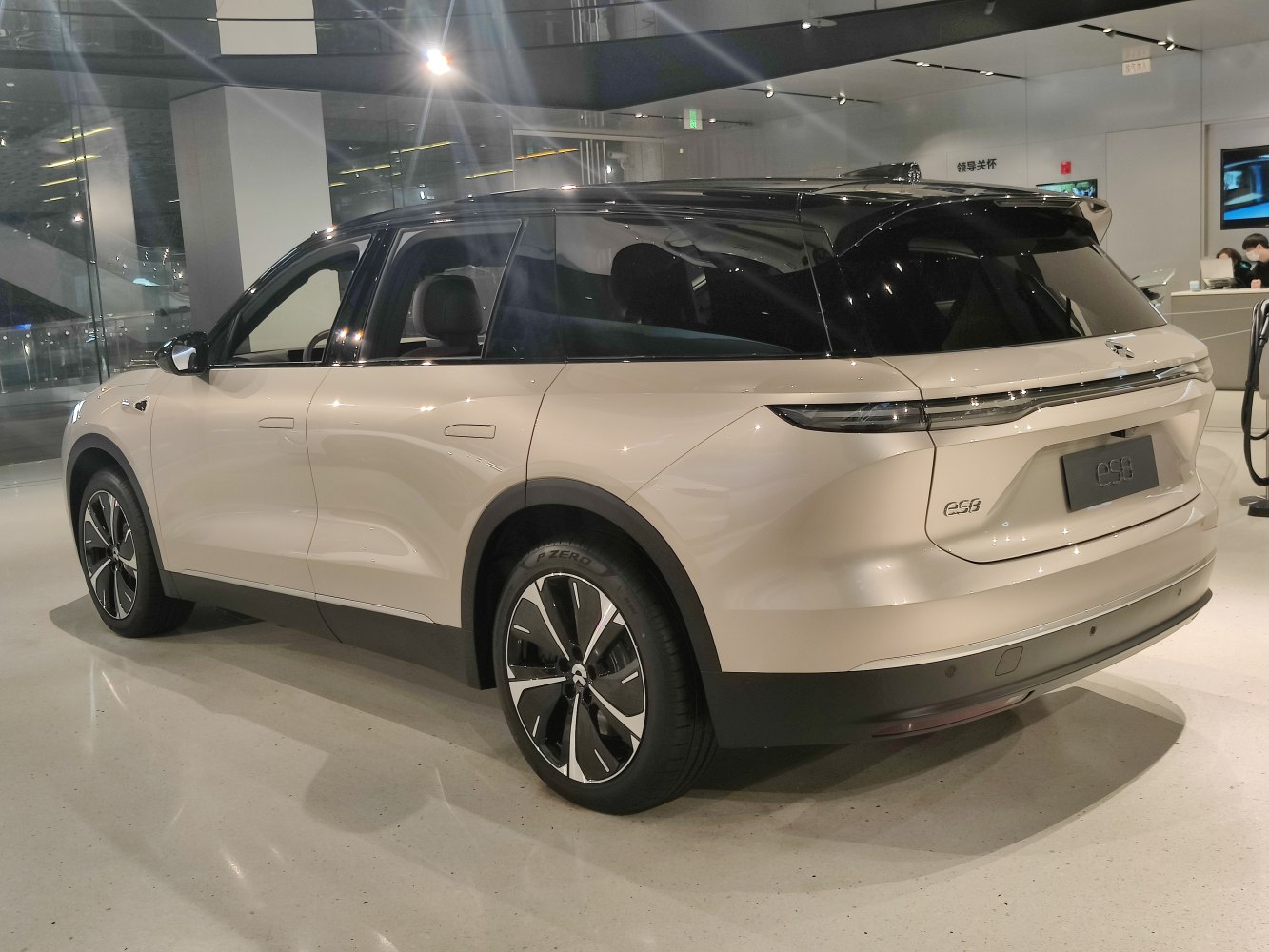 Rear side of an electric SUV with two-tone roof and horizontal taillights.