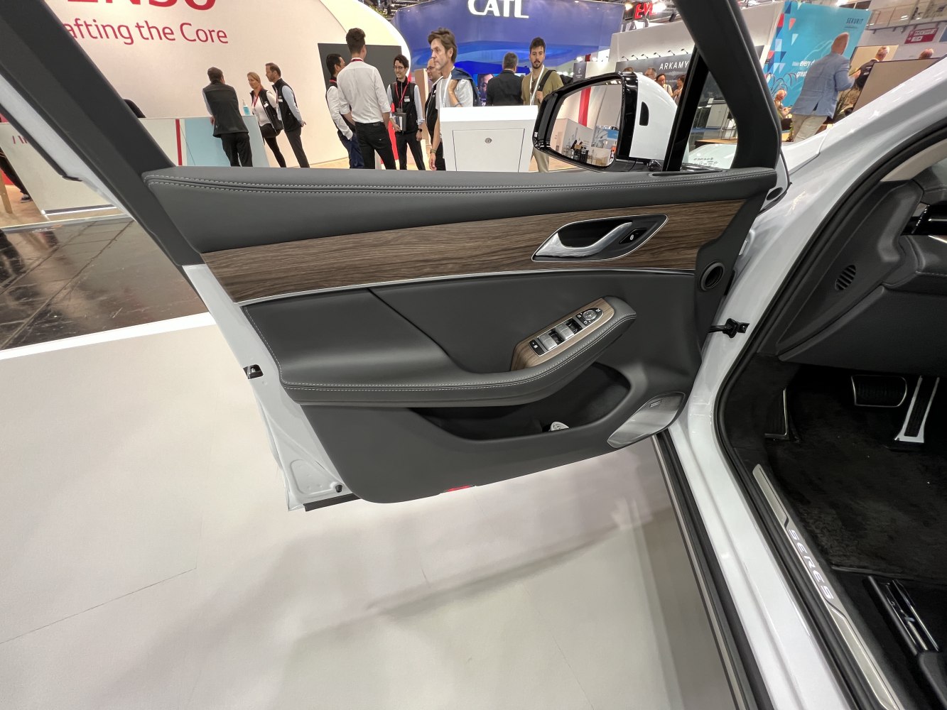 Luxury car interior door panel with wood trim and control buttons
