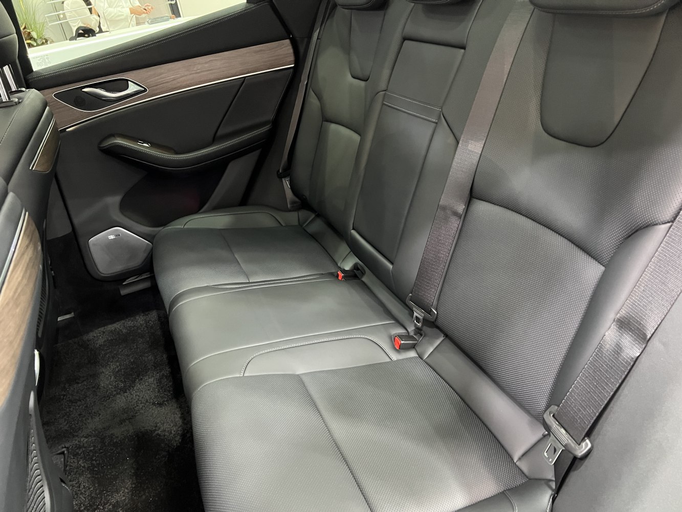 Rear leather seats with wood trim door panel and seat belts