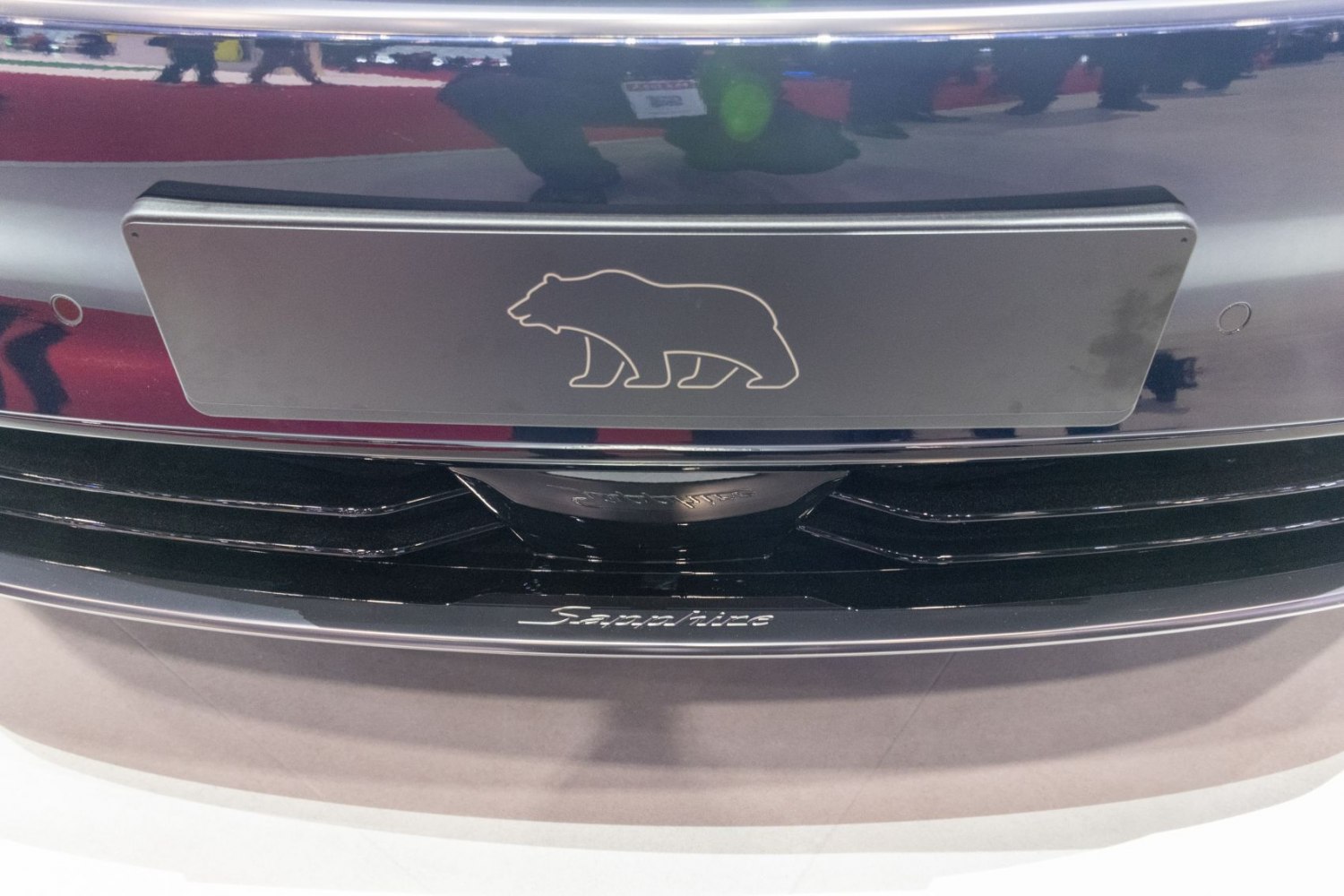 Front grille with black license plate cover featuring bear emblem
