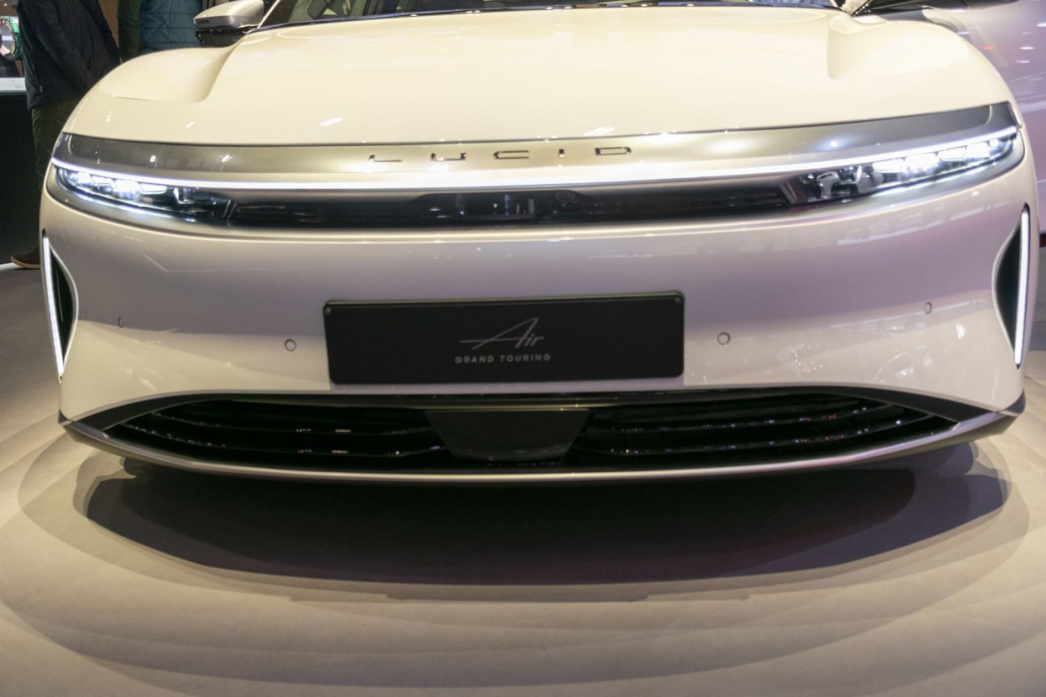 Front fascia and LED headlights of a modern luxury sedan