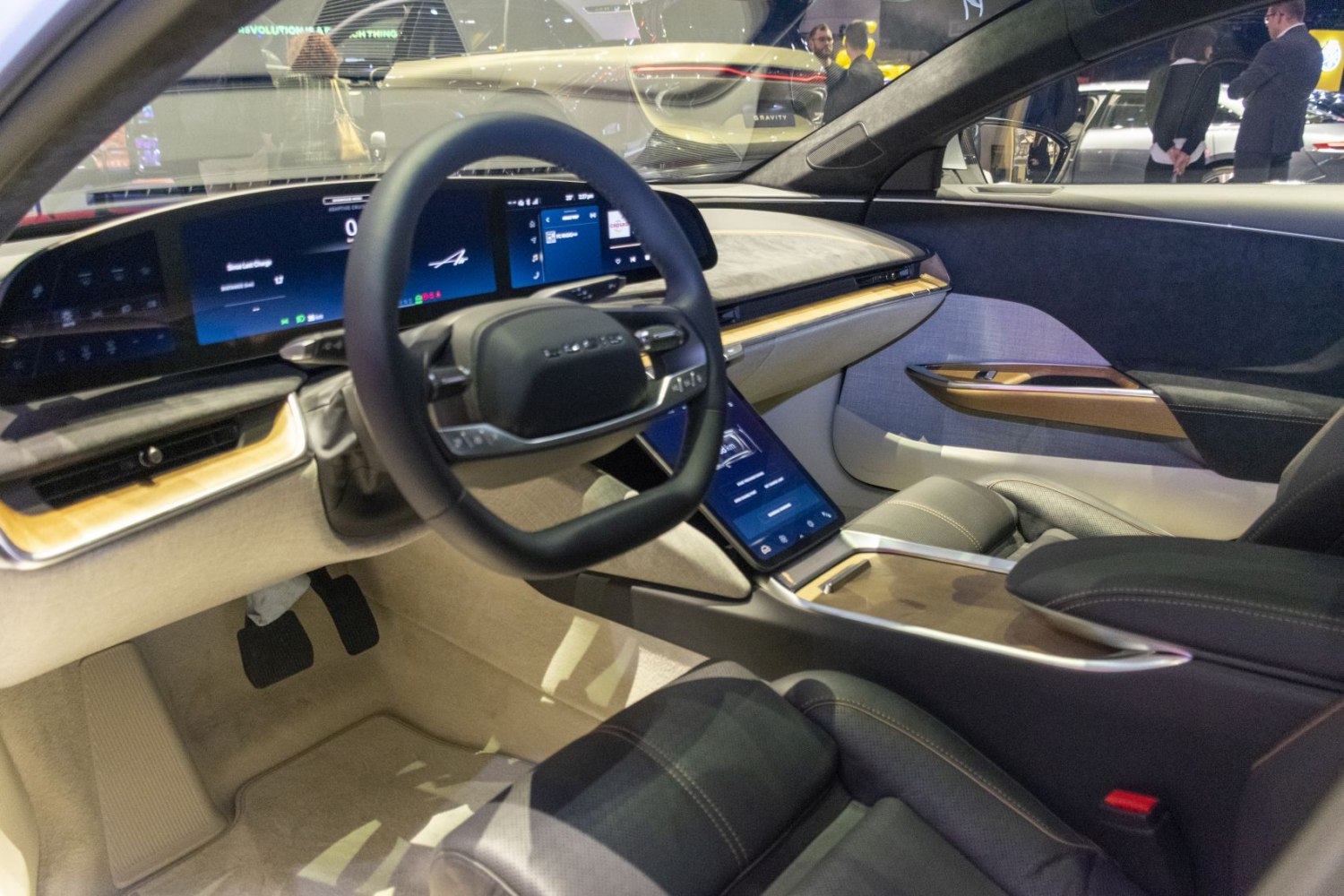 Modern car interior with digital dashboard and touchscreen controls
