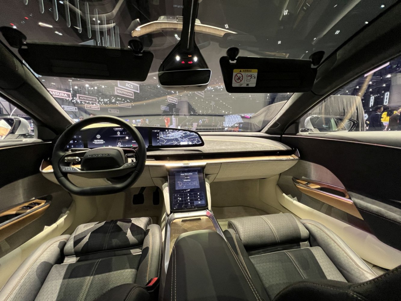 Luxury electric car interior with digital dashboard and touchscreen console