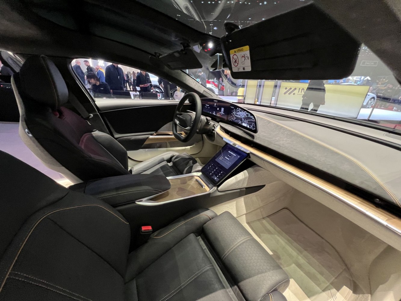 Luxury electric car interior with digital dashboard and touchscreen console