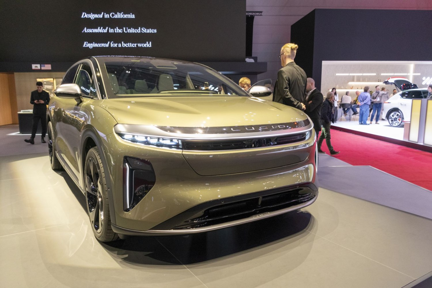 Sleek front view of modern electric SUV with LED headlights