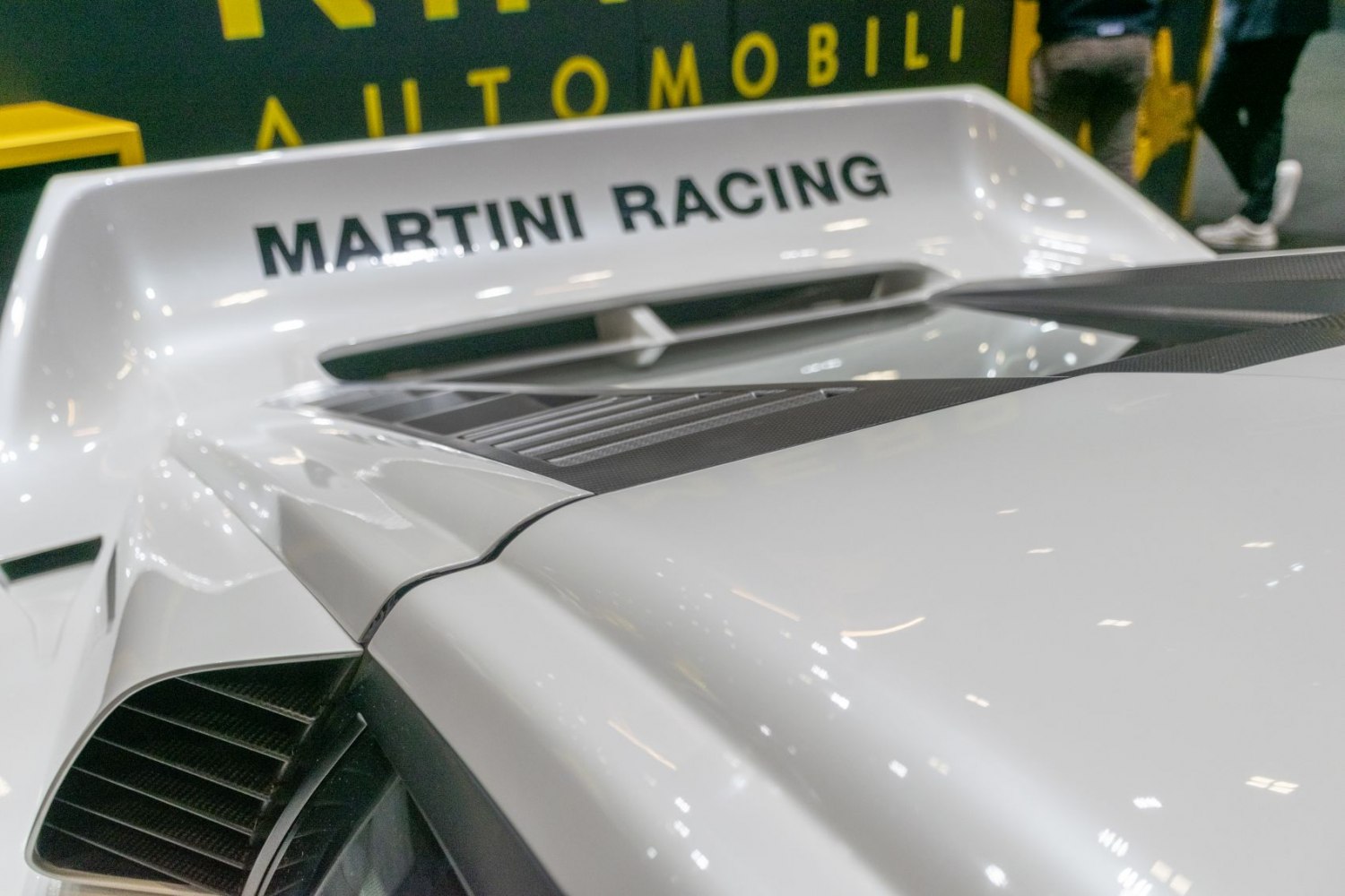 Close-up of rear wing and aerodynamic vents with Martini Racing logo