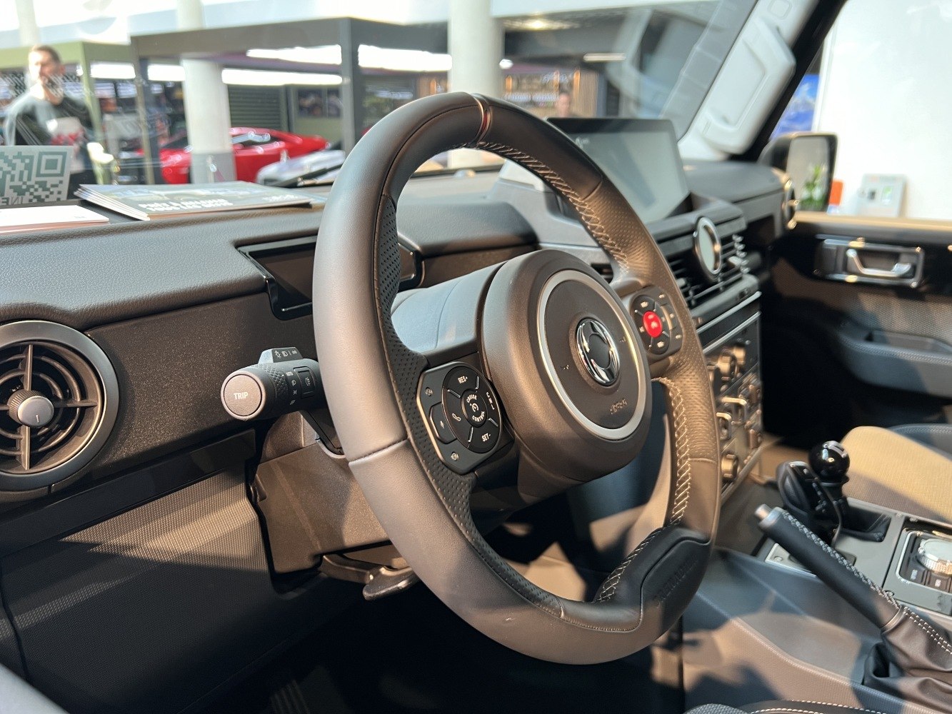 Steering wheel and dashboard with control buttons and infotainment screen
