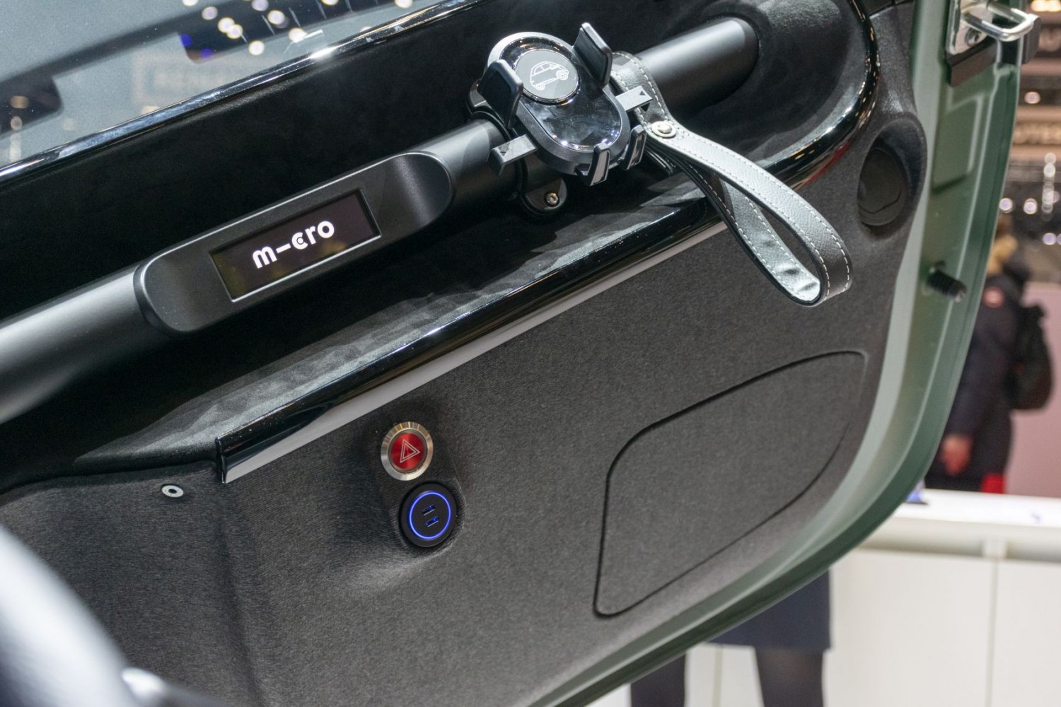 Interior door panel with leather strap handle and control buttons