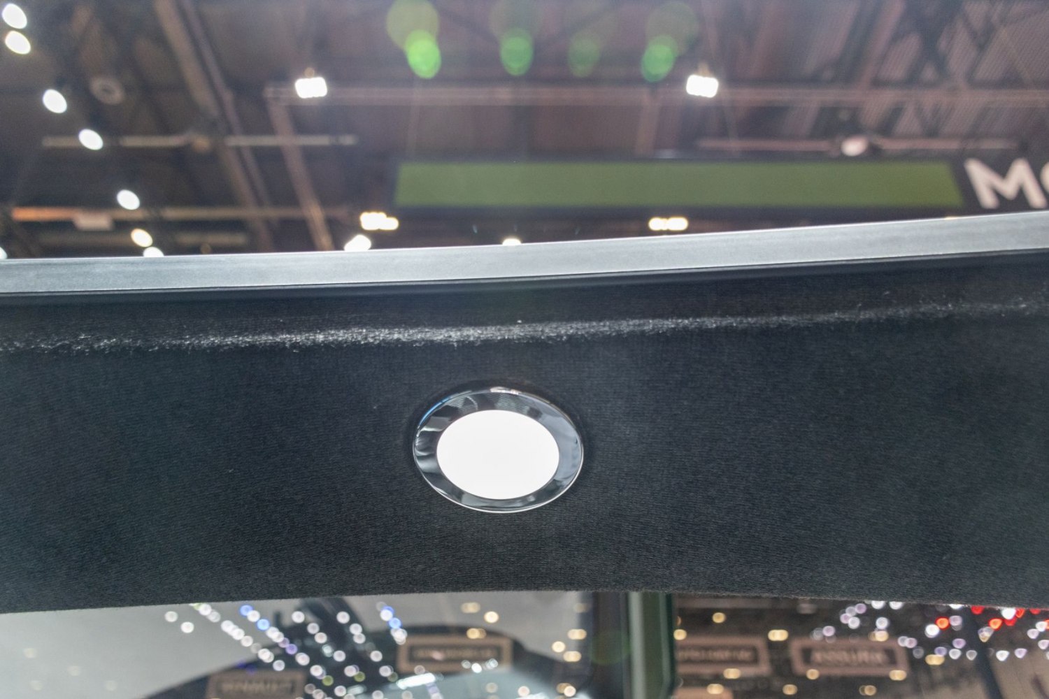Close-up of interior roof dome light and fabric lining