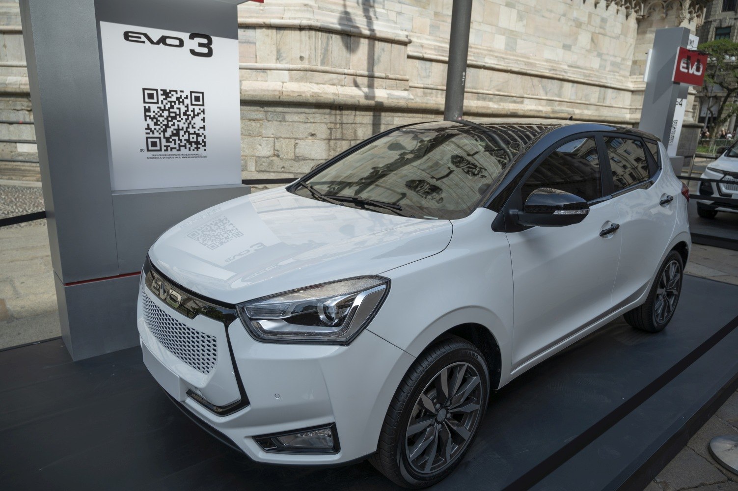 Compact hatchback with LED headlights and futuristic front grille