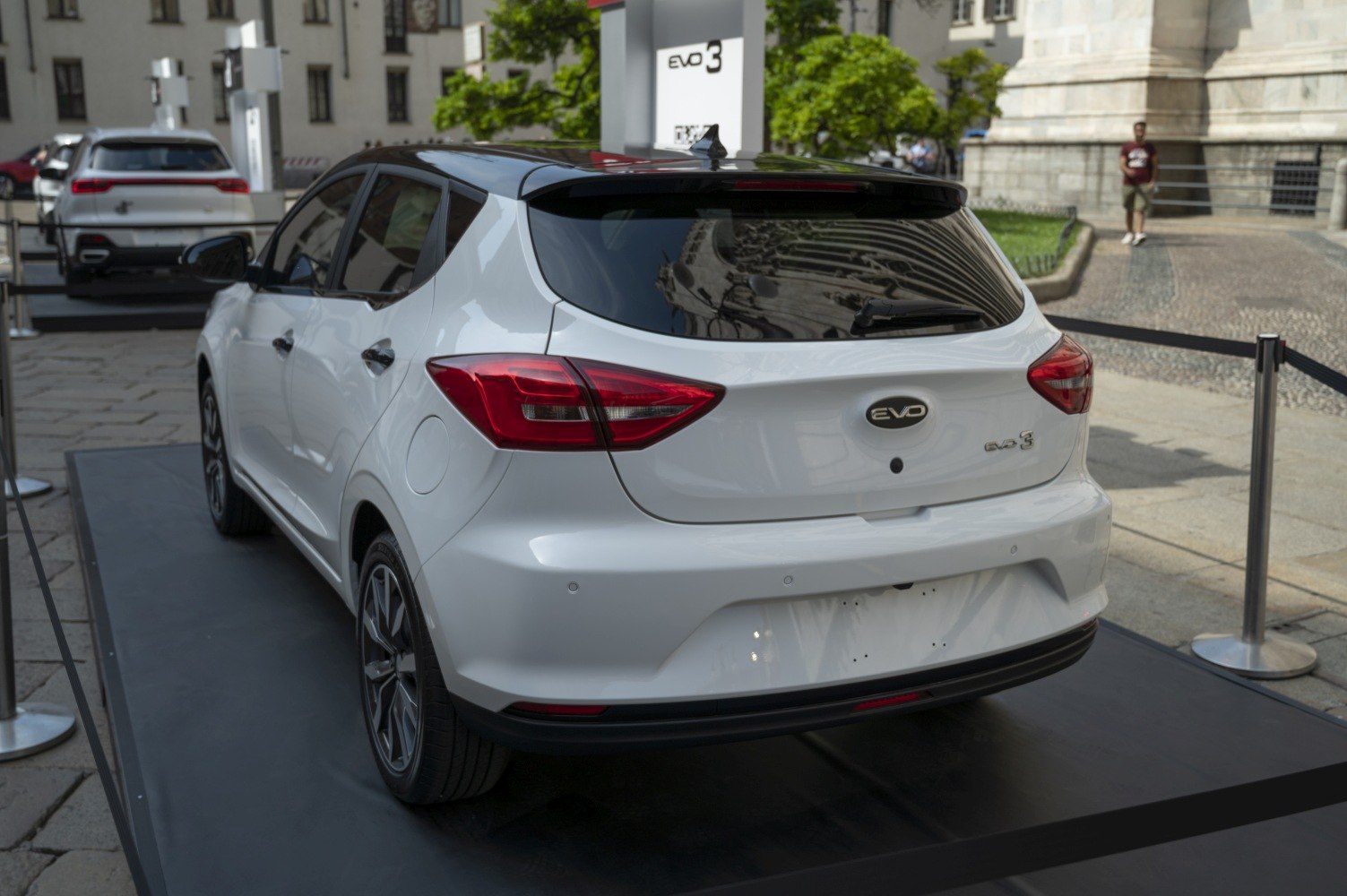 Rear view of compact hatchback with modern tail lights and sporty design
