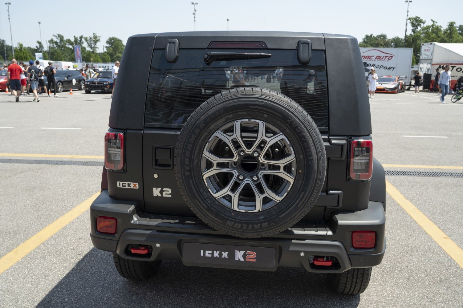 Rear view with spare tire and tail lights