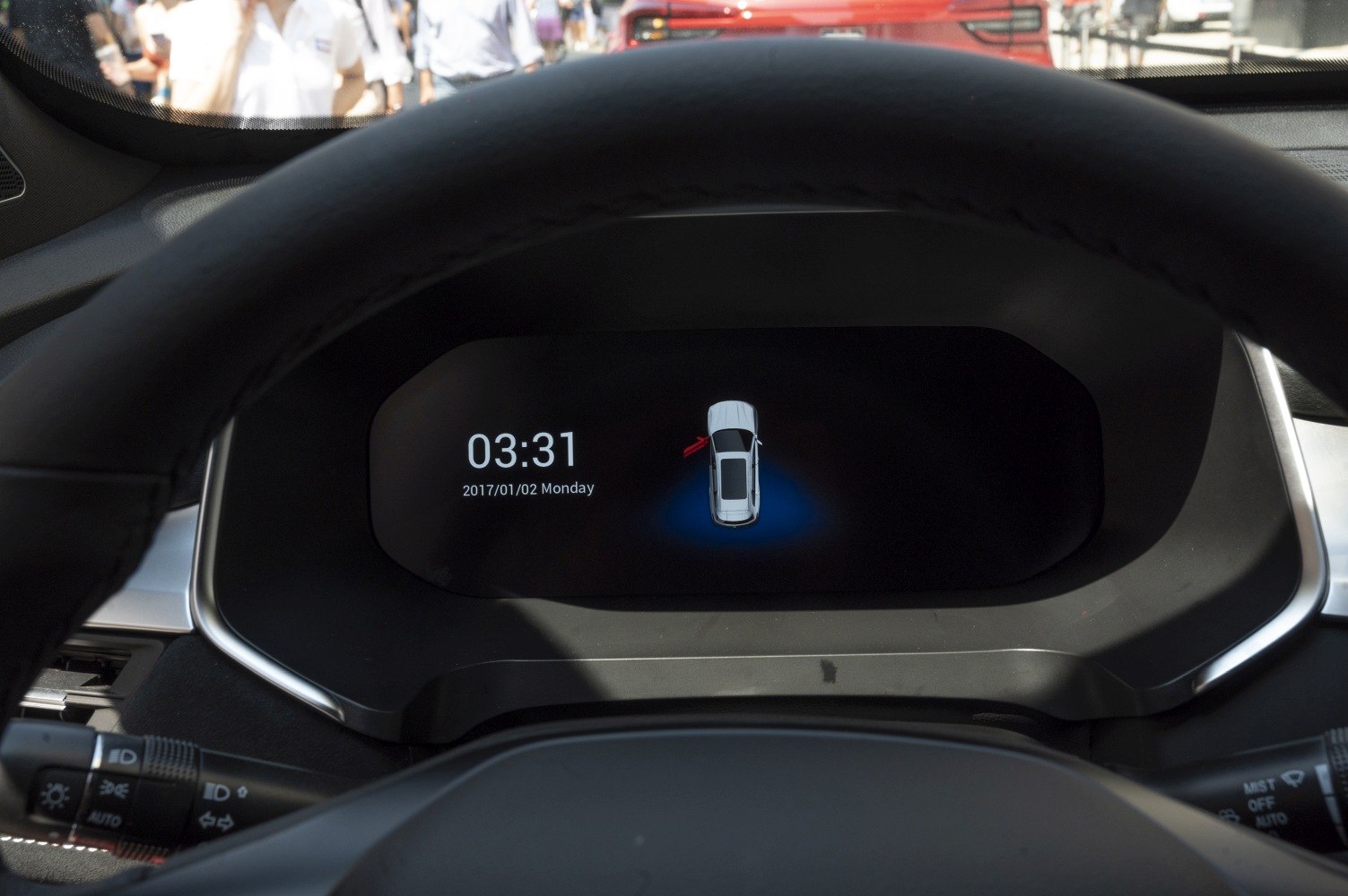 Digital dashboard display showing door open alert with time and date.