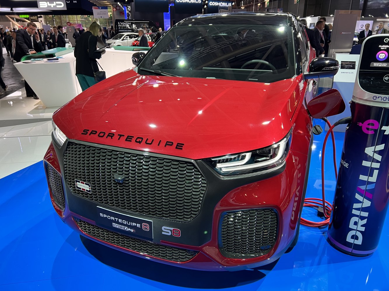 Front grille and modern LED headlights with electric charging cable