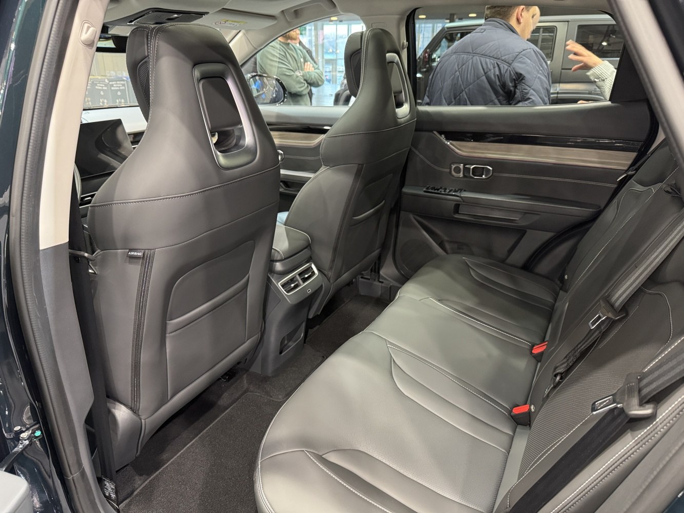 Rear passenger seating with black leather upholstery and door panel