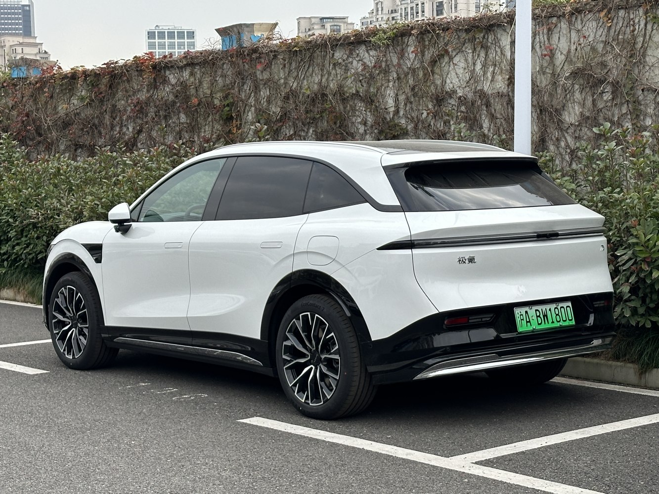 Rear side profile of electric SUV with sleek aerodynamic design and tinted windows