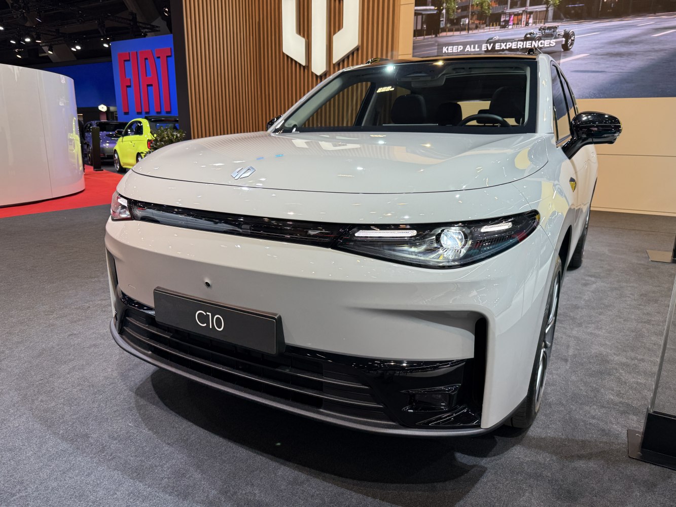 Front LED headlights and unique hood design of a modern EV