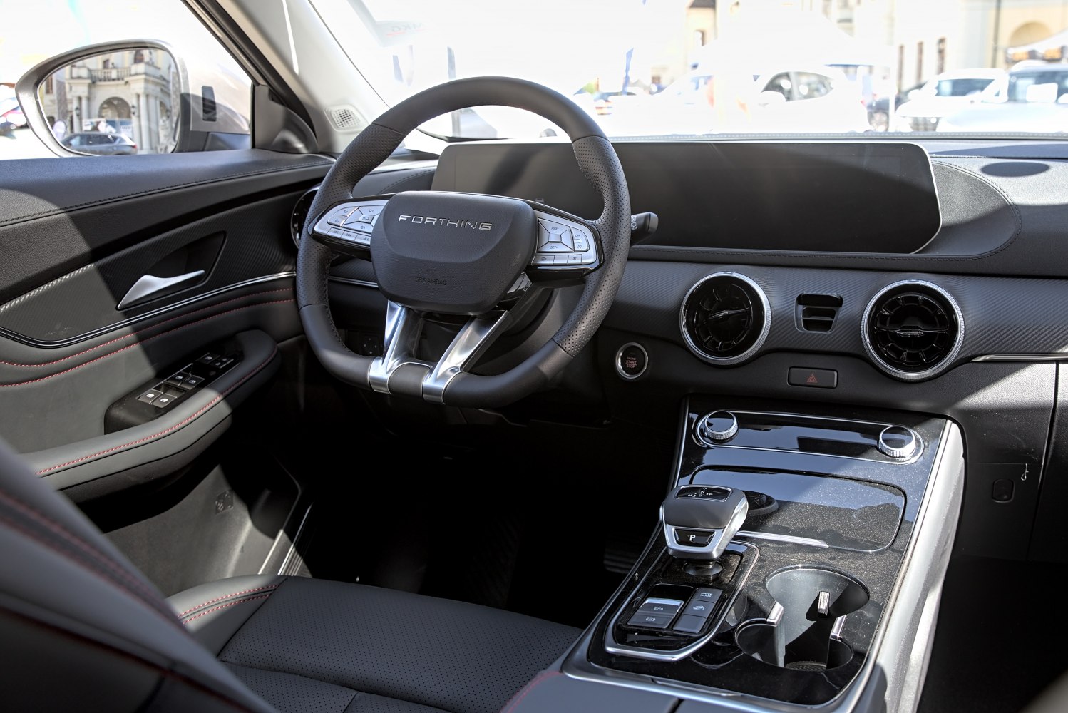 Modern interior dashboard, multifunction steering wheel, sleek center console
