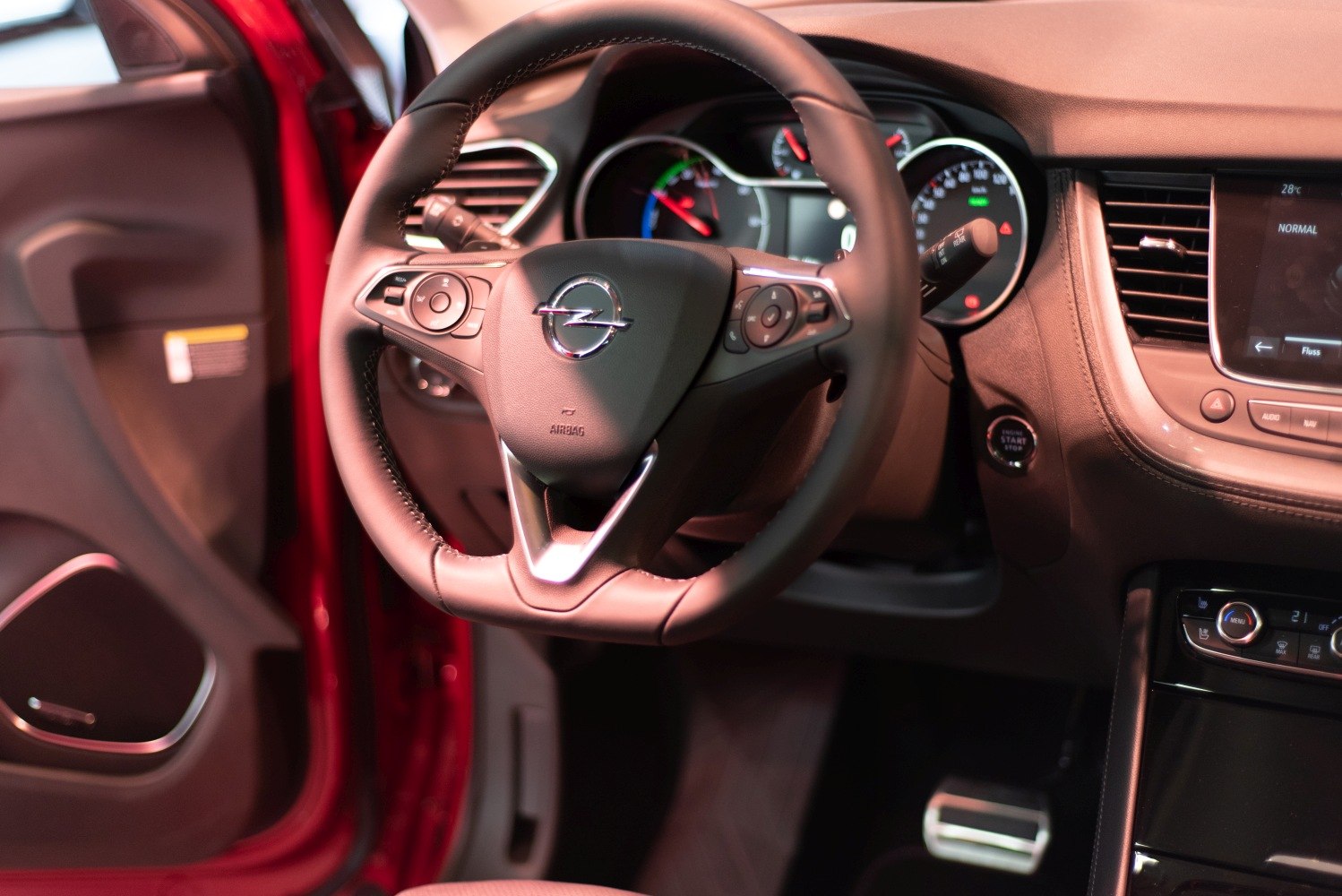 Close-up of steering wheel and dashboard with control buttons