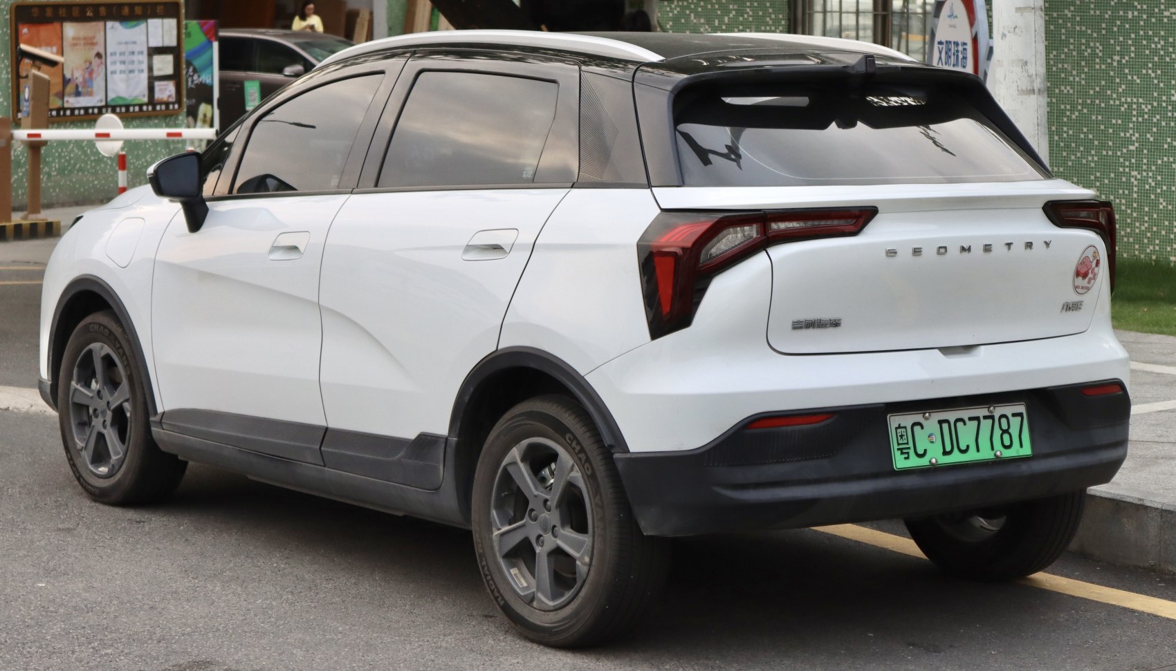 Rear side view of a modern electric SUV with distinctive taillights and two-tone body.