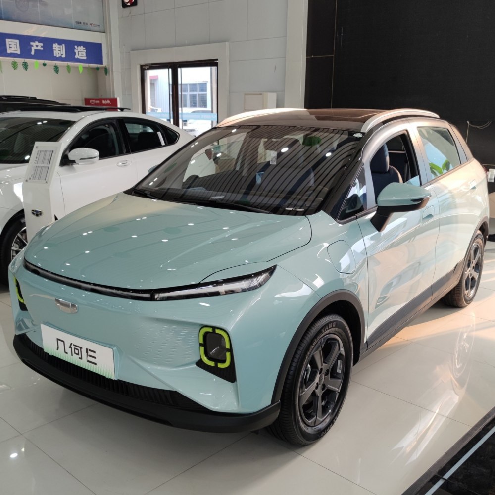 Sleek front view of electric SUV with modern headlights and aerodynamic design