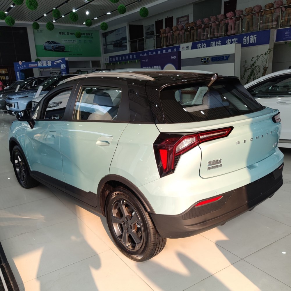 Rear side view with distinctive angular tail lights and dual-tone roof