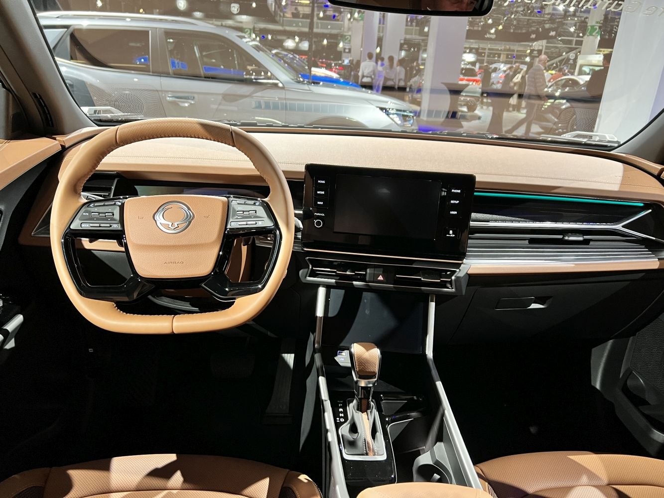 Modern dashboard with touchscreen and multifunction steering wheel