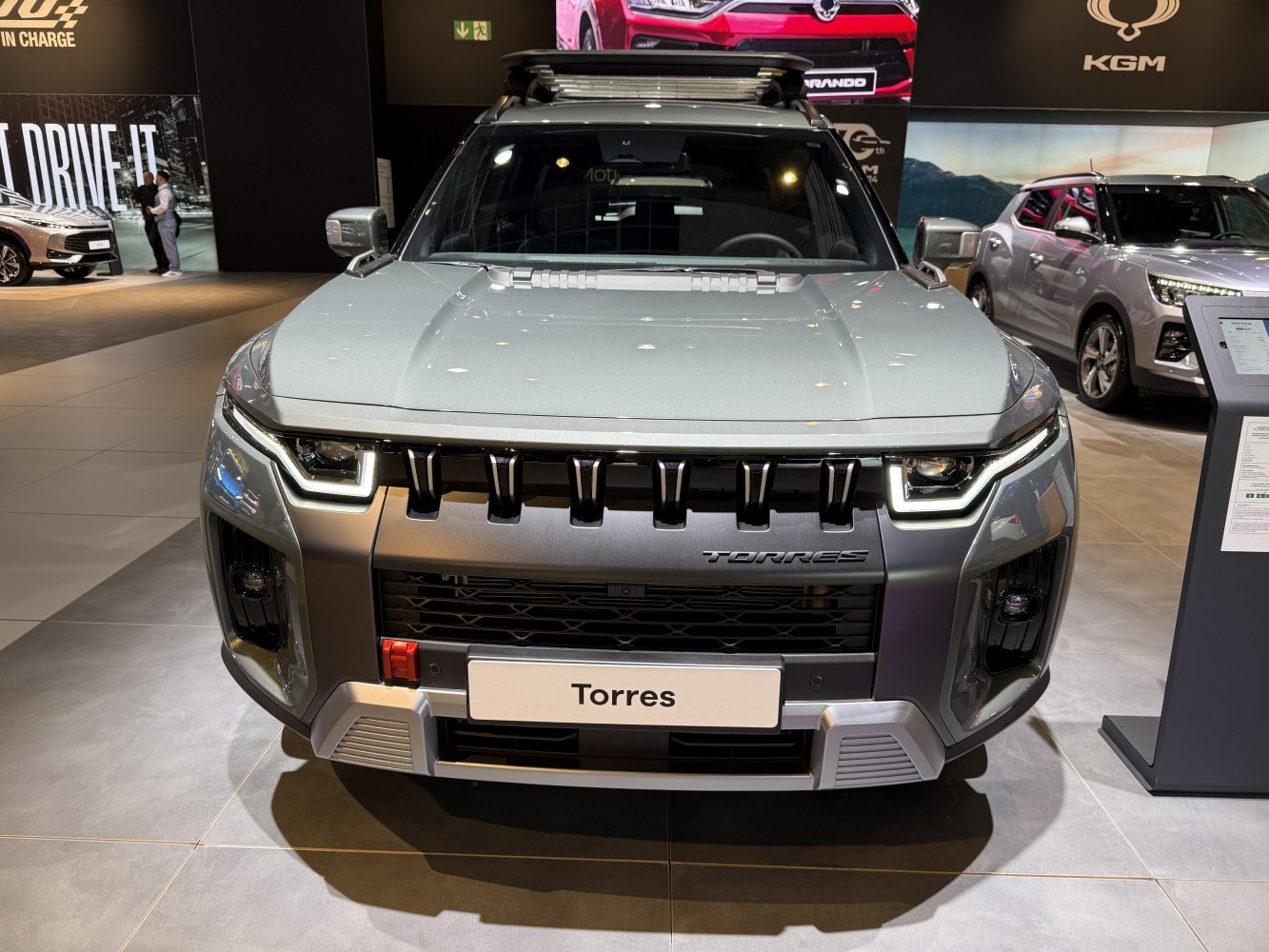 Front view of SUV with LED headlights and roof rack